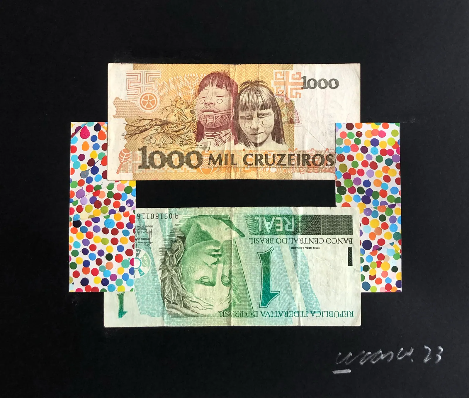 Mil cruzeiros e um real, 2023 - 50 x 70 cm - Cédulas obsoletas e recortes de revista sobre papel