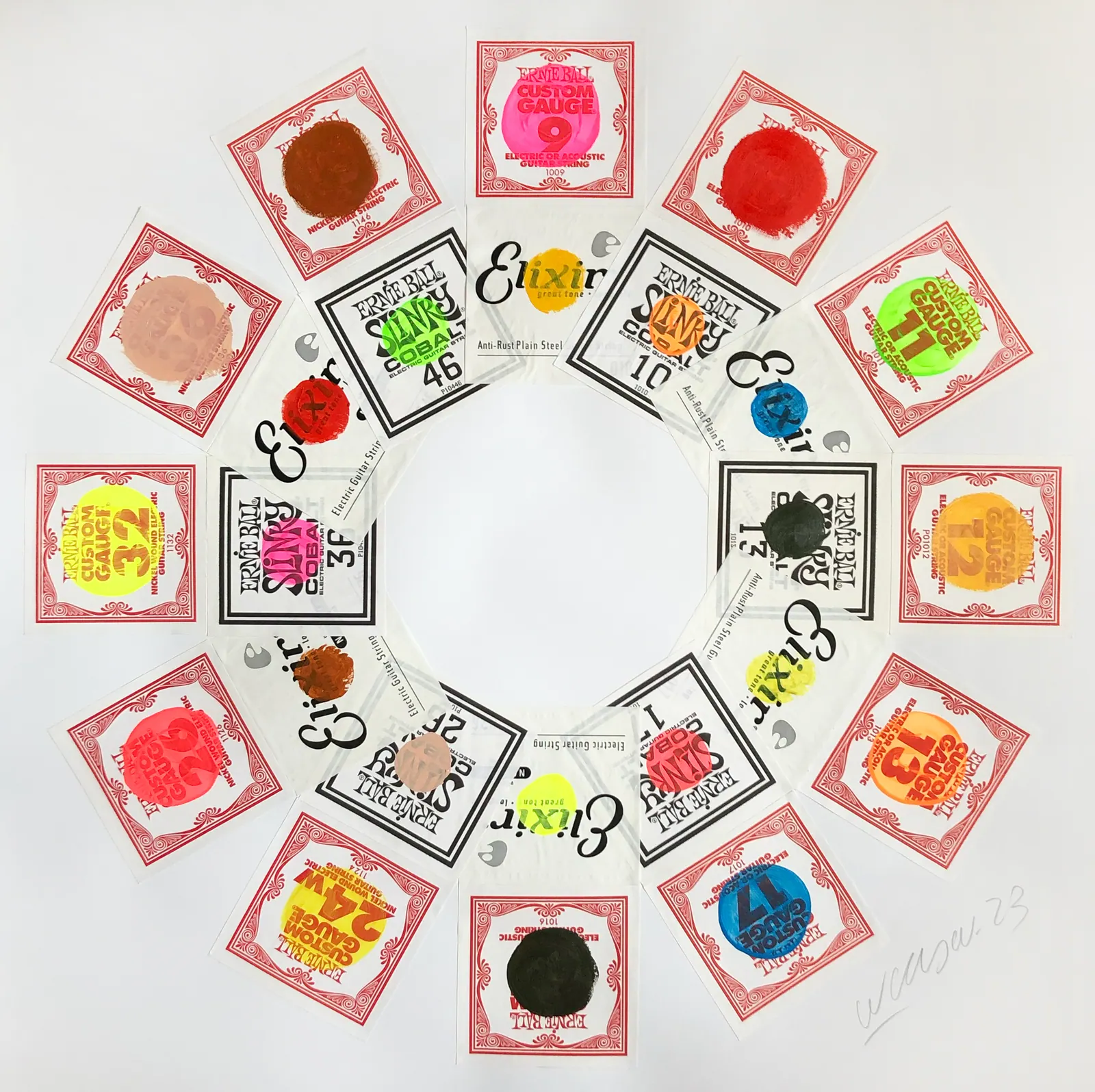 Ciclo das quartas e quintas, 2023 - 50 x 70 cm - Envelopes de cordas para guitarra e tinta acrílica sobre papel
